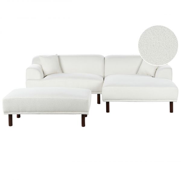Sofá Beliani Canto à Esquerda com Repousa-pés Estofado em Tecido Bouclé Branco Estilo Minimalista