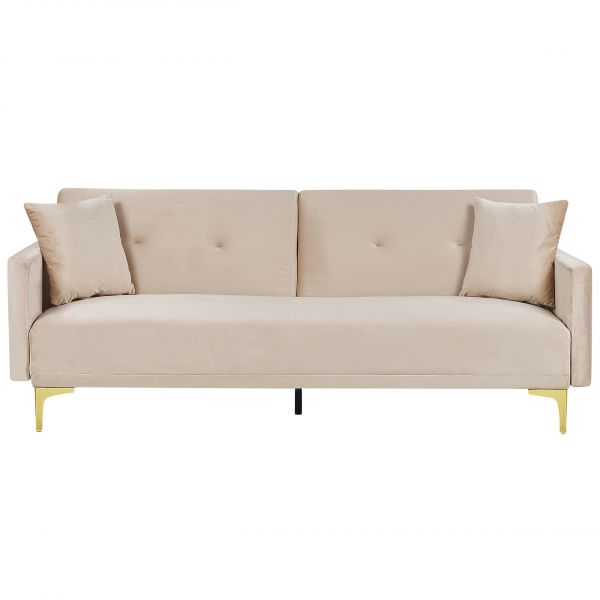 Sofá Sofá-cama em Veludo Creme com 3 Lugares e Assento com Botões Sistema ‘‘click Clack’’ para de Estar Design Contemporâneo 91x191x75 - 4251682267397