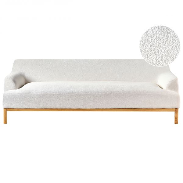 Sofá Beliani de 3 Lugares em Tecido de Bouclé Branco-creme com Pernas de Madeira Peça Sofisticada para Sala de Estar